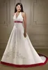 Vintage White and Burgundy Satin A Line Wedding Dresses Halter Neck Embroidery Beaded Open Back Lace Up Court Train Wedding Bridal4454296