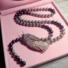 Hot sale 12mm black gray white gradient shell pearl feather clasp long sweater chain necklace long 90cm