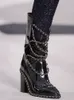 Estilo de rua cadeia de metal salto quadrado botas fabricante pontilhada toe senhoras sapatos decolar o inverno de primavera versátil do eixo