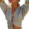 Women's Blouses & Shirts Womens Tops And Vintage Boho Floral Ladies Jumper Long Sleeve Wrap Crop Top 2021 Summer Holiday Fashion Clothes