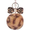 8 CM Leopardenmuster Pompon Keychain Flauschigen Faux Kaninchenfell Ball Frauen Handtasche Anhänger Autoschlüssel Ring Kristall Bogen Schlüsselanhänger Schmuck