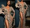 Seksi Uzun Kollu Ruffles Dantel Aplikler Yüksek Taraf Bölünmüş Abiye Mermaid payetli Parti Gowns vestidos ile Balo Elbise See Through