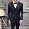 Luxury Design Men's Wedding Tuxedos Peaked Lapel Floral Pattern Groom Wear Suits For Prom One Button Formal Blazer (Jacket+Vest+Pants)