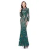 2020 Dark Green Actual Image Prom Dresses Long Sleeves Sequined Lace Mermaid Detachable Train Sequins Champagne Red Evening Party Gowns Wear