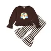 Thanksgiving Girls Clothing Set Long Flare Sleeves Cartoon Chicken Printed Top + Striped Flare Byxor 2st / Set Outfits Höst M417