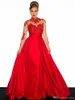 Sheer Red Prom Dresses Lungo collo alto in pizzo Taffetà A-Line Applique Manicotto Applique Backless Abiti da sera Formale Nuovo stile personalizzato