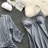 Kvinnor Nightdress Sleepwear Set för kvinnor Sexig Underkläder Lace Silk Spandex Nightwear Casual Robe Klänning Set på Dam 2pcs Plus Storlek