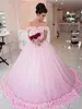 Abiti Quinceanera rosa con spalle scoperte in pizzo floreale 3D Sweep Train Lace Up Back Prom Dress Abiti da sera per ragazze su misura