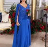 2020 Arabic Blue Evening Dresses With Cape Applique Beads bodice chiffon deep V Neck Mermaid Prom Dress Plus Size Formal Occasion Gowns