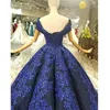 2019 Luxo Lace Off Ombro Vestidos de Baile Com Manga Curta Applique 3D Frisado Aberto de Volta Lace-up Vestido de Festa Mulheres Vestido Formal Caro