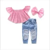 2019 ragazze bambini designer abbigliamento set estate moda ragazze vestiti vestito rosa camicetta + buco jeans + fascia 3pcs set per bambini abbigliamento