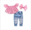 2019 Tjejer Kids Designer Kläder Satser Sommar Mode Tjejer Kläder Pigg Rosa Blus + Hål Jeans + Headband 3st Set för barnkläder