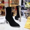 Hot Sale-designer women winter boots Suede leather Skinny feet Fashion pointed ankle boots Leather bottom combat boots size 35-40