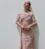 Elegante Afrikaanse Dubai 2020 Avondjurken met Cape Blush Roze Kant Stain Halve Mouw Formele Feestgelegenheid Galajurk robes de s5627200