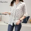 Large Size Women's Blouse Linen Cotton Ladies Shirts 2019 White Blue Dot Button Female Tops Short Sleeve Blusas chemisier femme