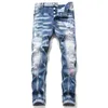 Unieke mannen gescheurde slim fit jeans mode ontwerper gewassen motocycle heren denim broek lambrised hip hop biker straatkleding broek 1050