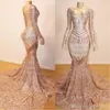 Rose Gold Long Mouw Mermaid Prom Dresses Sexy Open Back Evening Jurk V-hals Formele feestjurken BC0841