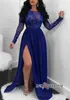 Sexy Royal Blue Lace Prom Jóia de Jóia de Mangas Longo Lado Dividido Vestidos Formais Recursos Vestidos de Fiesta
