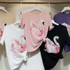 リアルショットサマーショートスリーブ女性Tシャツoネックブライトシルク学生トップオールマッチビーズスパンカンスワンウーマンティーカジュアルJ190427