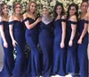 2021 Navy Blue Vestios de Fiesta Mermaid Dressmaid Dressmaid Habillage Dace Dentelle Appliques Perlées élégantes Maid élégante des robes d'honneur