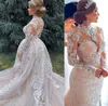 New Blush Pink Mermaid Wedding Dresses Long Sleeves High Neck Illusion Lace Appliques Beads Detachable Train Sexy Button Back Bridal Gowns