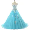 2020 Ivory Lace Blue Prom Sweet 16 Dresses Crystal Beaded Strapless Corset Back Elegant Evening Formal Dress Graduation Pageant Gowns Cheap