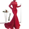 Red Lace Mermaid aftonklänningar Saudiarabiska Afrika High Neck Sheer långa ärmar Kvällsklänningar 2020 Lång paljettklänning188y