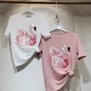 Real Shot Summer Short Sleeve Female Tshirts O Neck Bright Silk Students Topps All-Match Beads paljetter Swan Woman Tees Casual J190427