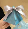 Gift box fold small paper high-end pyramid shape blue wed candy box chocolate packaging with bow