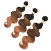 # 1B / 4/30 Negro Marrón a Auburn Ombre Body Wave Cabello humano peruano 3 paquetes y cierre 3 tonos Ombre Cierre de encaje 4x4 con tejidos