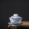 ティーカップブルーと白の中国の古代の手作りの大きい茶セットアンティークカンフーティーセットギフトLotusクレーン（カバーボウル）、コールドプラム2020