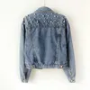 Pojkvän Jeans Jacka Kvinnor Pärlor Stora Denim Jackor Vintage Långärmad Casual Coat Ladies Single Breasted Bomber Jacka