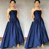2019 Simple Evening Dresses Navy Blue Strapless Sleeveless High Low Prom Party Gowns Ruched Satin Formal Dress with Pockets