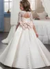 Цветочные девочки платья для свадьбы Sheer шеи аппликация Кружева Тюль Дети Свадебные платья девушки Pageant платье