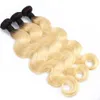 Brazilian Hair T1B/613 Blonde Extensions 10-28 inch Body Wave Hair 3 Bundles with Lace Closure Free Middle Part Ombre Human Hair