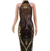 Mulheres designer sequined vestido preto noite halter sexy ver através vestidos bodycon moda dress1