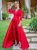 New Classic Red Jumpsuits Prom Dresses 3/4 Long Sleeves V Neck Formal Evening Party Gowns Cheap Special Occasion Pants HY4272