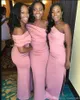 African Pink One Shoulder Satin Long Bridesmaid Dresses 2020 Ruched Side Split Sweep Train Wedding Guest Maid Of Honor Dresses BM1560