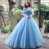 2020 Princess Lace Up Blue Ball Gown Beaded Off Shoulder Tulle Sleevless Plus Size Bridal Evening Gowns SQS037 Prom Dress5980218