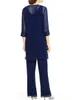 Navy Blue Chiffon Three Piece Mother of the Bride Pant Suits with Jackets Long Sleeves Beaded Plus Size Wedding Guest Mother Dresses