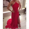 Sexy Halter Neck Red Szyfonowa A - Linia Prom Dresses Plees High Side Split Evening Party Dresses Hollow Back Foraml Dress Suknie wieczorowe