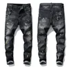 Unikalne męskie wstążki panelowe obcisłe czarne dżinsy moda Slim Fit sprane motocyklowe spodnie dżinsowe naszywki spodnie hip-hopowe