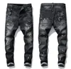 Unieke Heren Lint Paneel Skinny Zwarte Jeans Mode Slim Fit Gewassen Motocycle Denim Broek Patches Hip HOP Broek