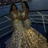 Bling Bling Gold Lace Mermaid Prom Klänningar Sexig Deep V Neck Pärlor Kristaller 3D Blommor För Black Girls African Evening Dresses Plus Storlek