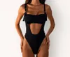 Traje de baño negro de una pieza para mujer, traje de baño recortado de Badpak, Monokini fundido, Tanga de nailon y LICRA, traje de baño Sexy para mujer 2021