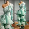 Dubai Afrika Gelinlik Modelleri Tek Omuz 3D Çiçek Aplike Kristal Tüy Abiye Ruffles Parti Abiye elbise de soiree
