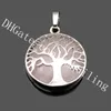 10Pcs Hollow Tree Of Life Round Crystal Stone Bead Pendant Natural Semi Precious Gemstone Cabochon Silver Plated Life Tree Locket Pendant