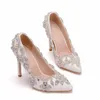 White Rhinestone Flower Wedding Shoes 11cm High Heel Pointed Toe Lady Party Prom Shoes Thin Heel Birthday Party Pumps Size 41232e
