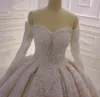 Off Shoulder Ball Gown Bröllopsklänningar Långärmade Lace Appliqued Bröllop Klänningar Beaded Sequins Plus Size Bröllopsklänningar Robe de Marie