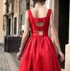 Elegant Womens Evening Party Dresses Crewneck Satin Slim Fit Red Long Full Length Dress Vestidos De Fiesta